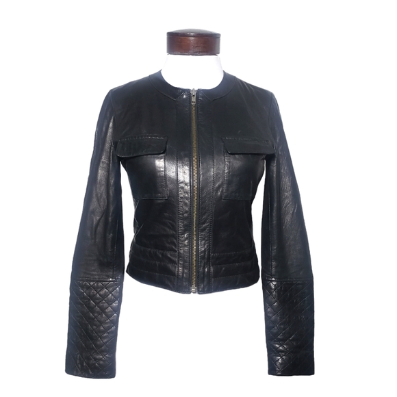 Trouve Leather Moto Collarless Quilted Sleeve Jacket Black Size: XS - Picture 3 of 16